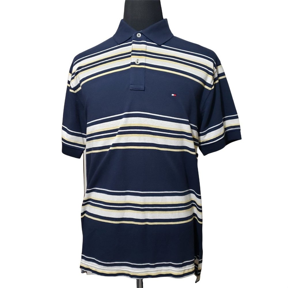 Tommy Hilfiger Short Sleeve Polo Shirt Large Striped Blue White Yellow